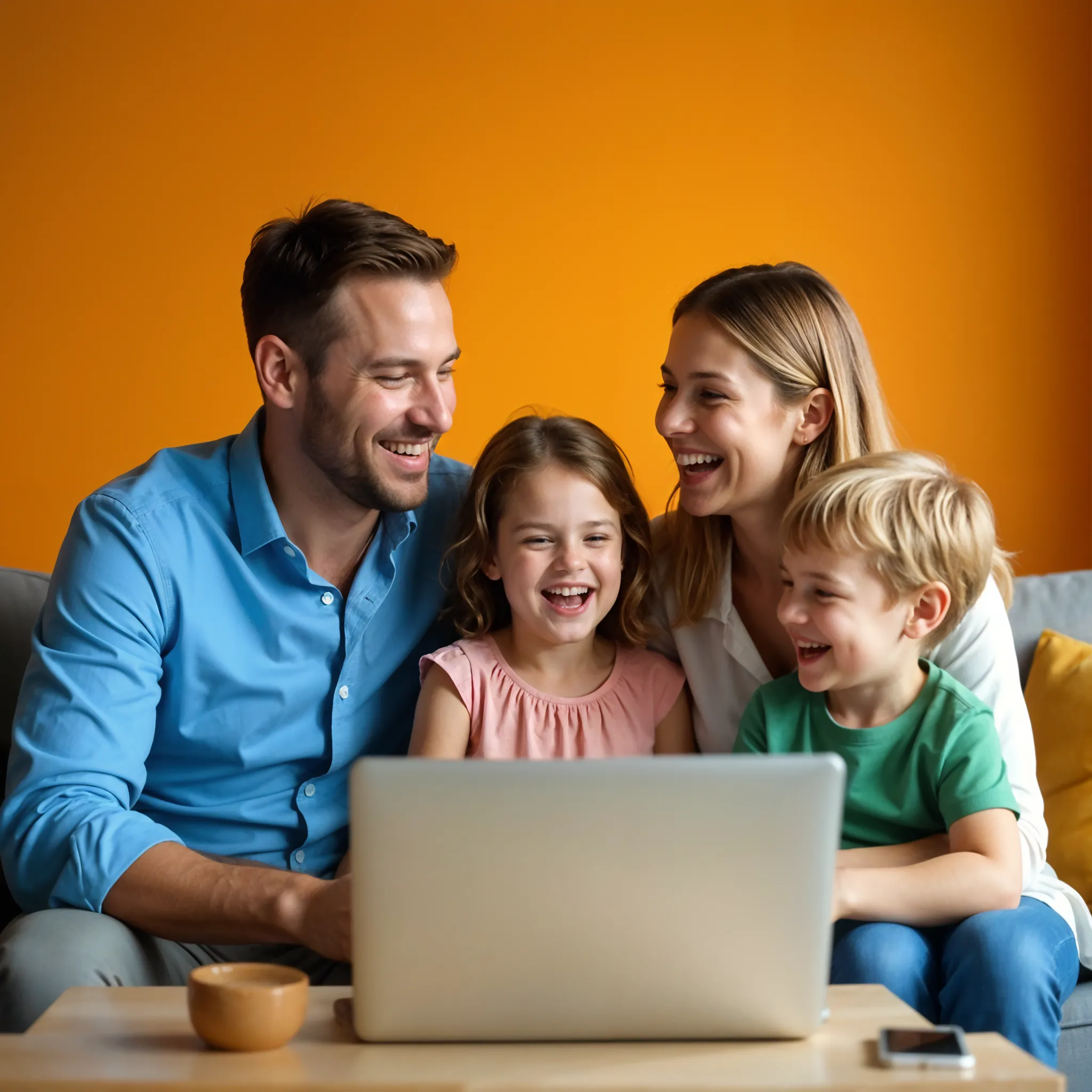 Family sitting together laughing with a laptop open on the table in front of them.