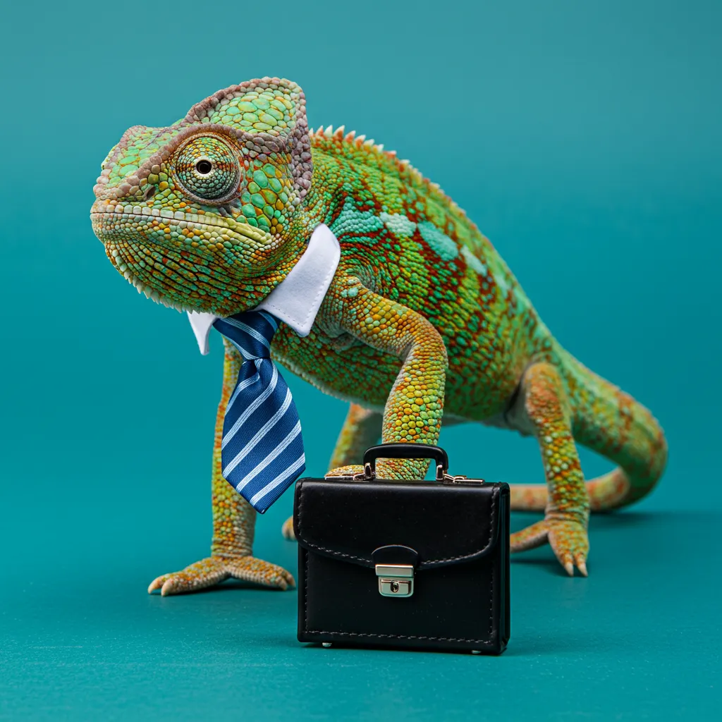 Chameleon with a suitcase and tie.