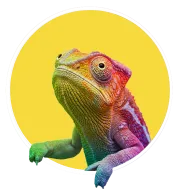 Chameleon in a circle with a yellow background.