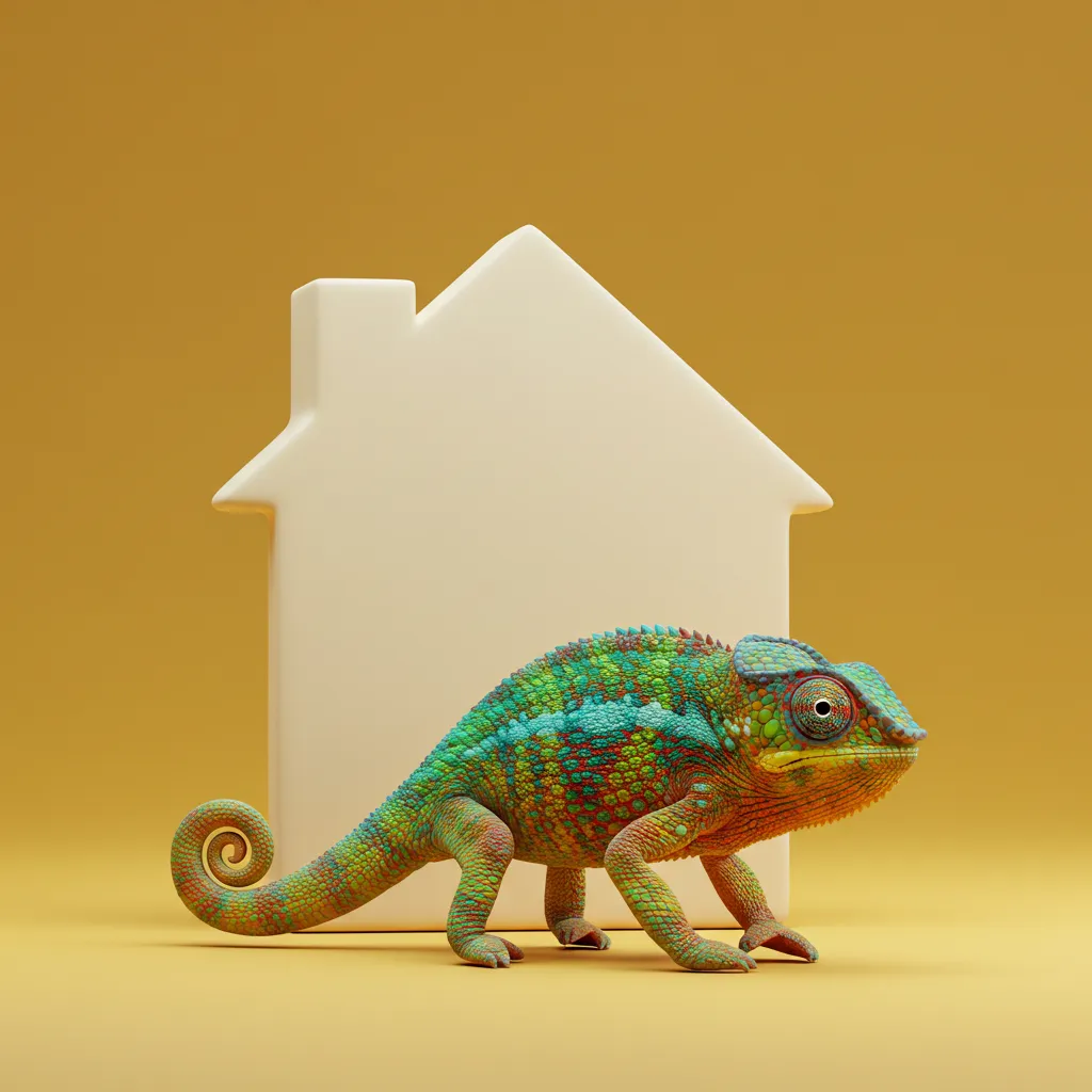 Lizard standing in front of a house backdrop in yellow.