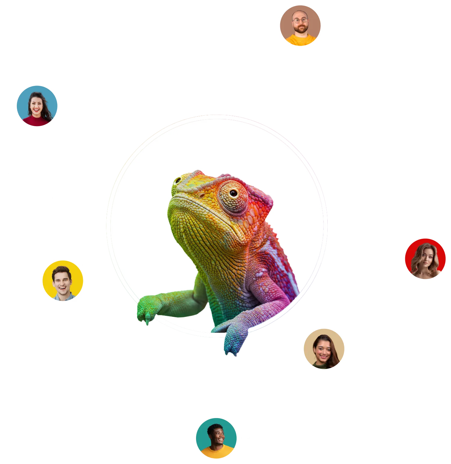 Lizard figuratively in a communicative circle surrounded by blobs of people.