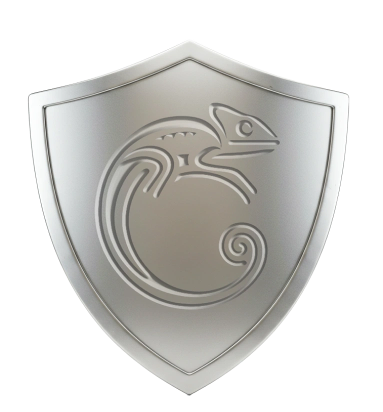 Image of a silver shield with a lizard logo.