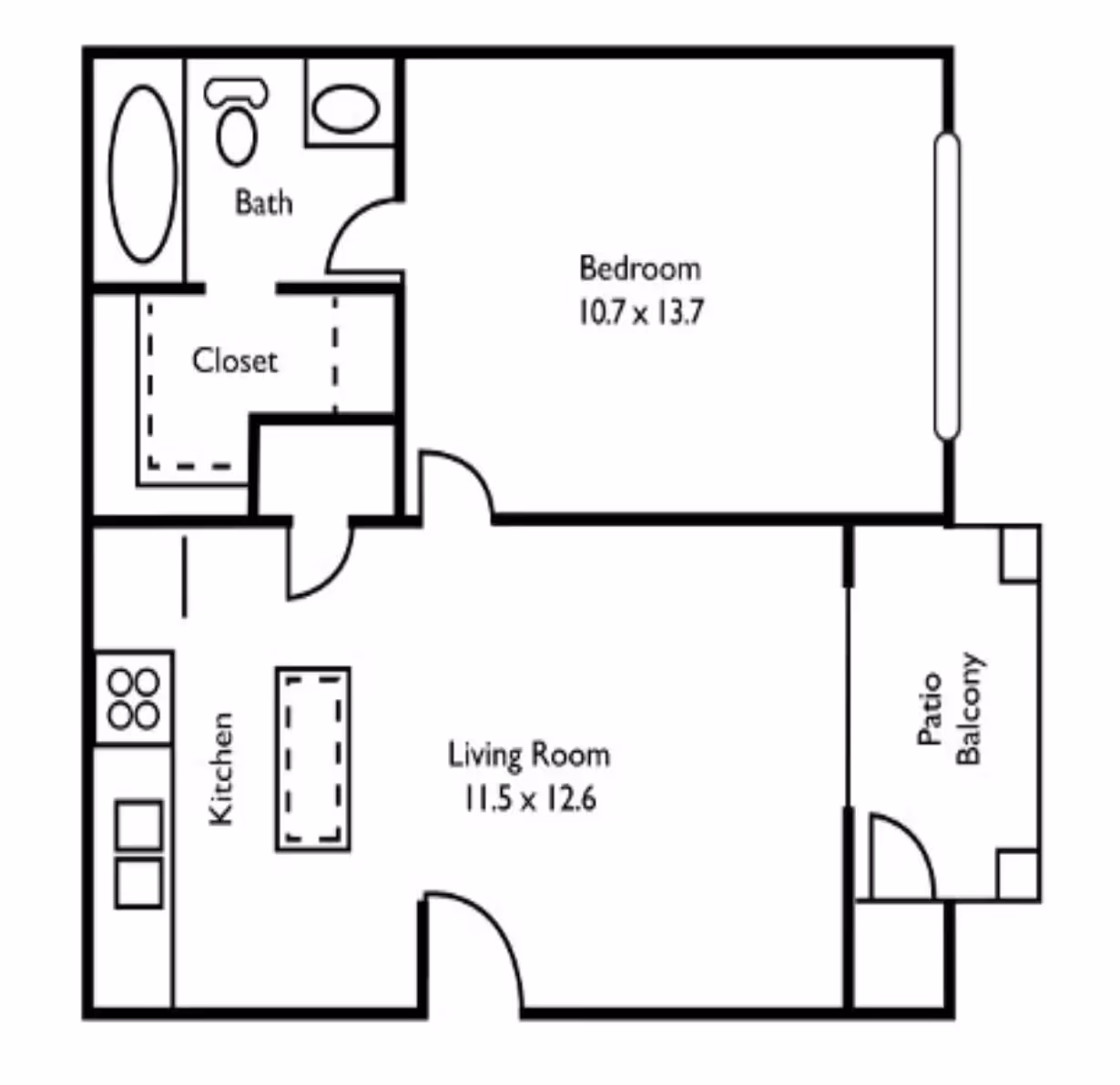 1x1 506 sq ft Reno 1 floor plan layout