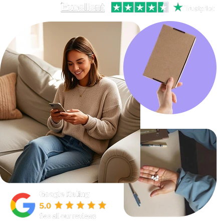Young woman smiling at her phone while sitting on a couch, with smaller images showing a discreet brown delivery package, abortion pills in hand, and 5-star Trustpilot and Google ratings for a healthcare service.