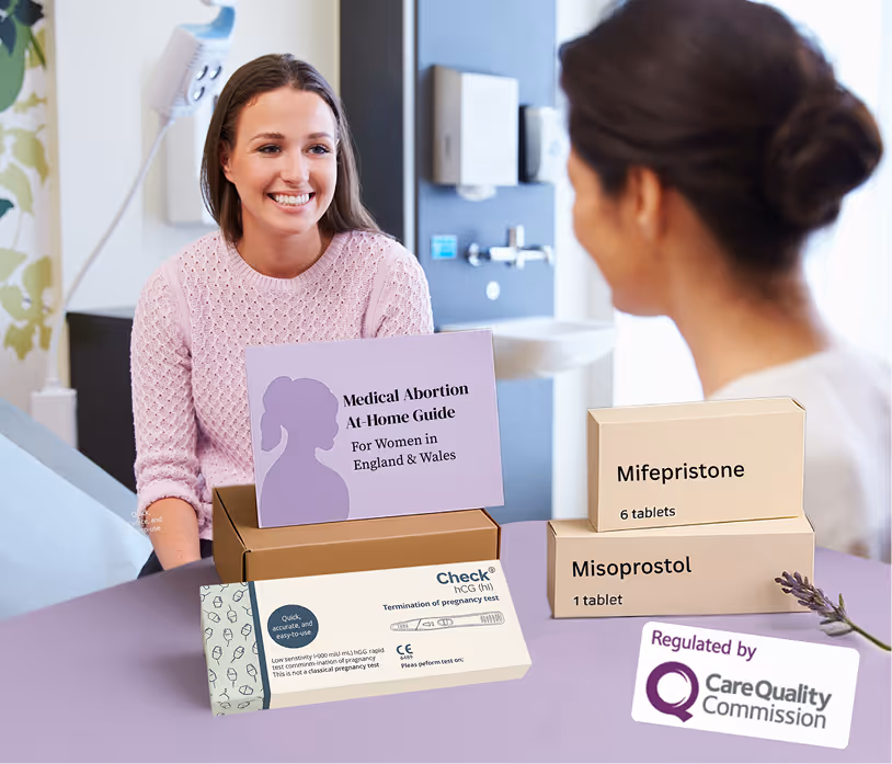 Woman consulting a doctor about at-home medical abortion kit with Mifepristone and Misoprostol in the UK.