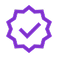 Purple approval badge icon with check mark, symbolizing verified or certified status.
