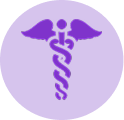 Purple medical caduceus symbol icon representing healthcare, medicine, and clinical services.