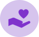 Purple hand holding a heart icon symbolizing care, compassion, and patient support.