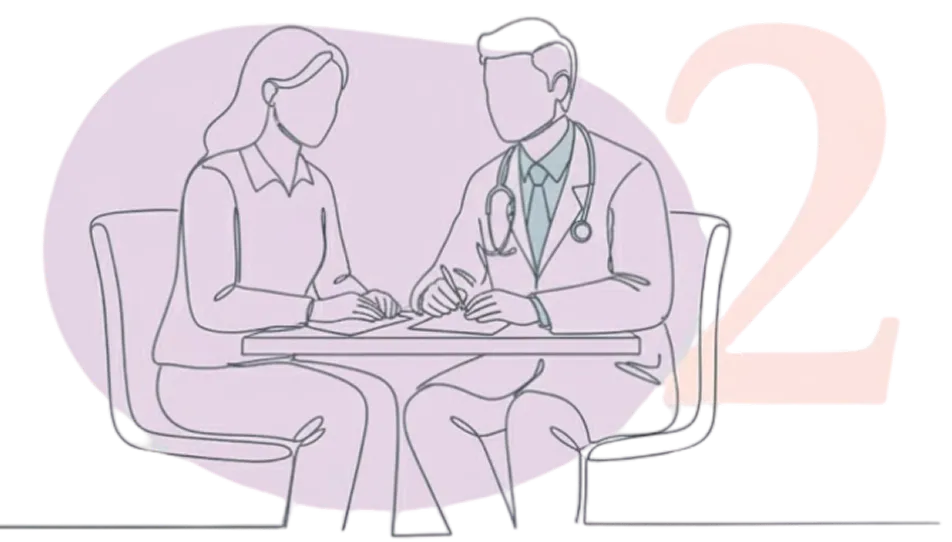 Illustration of a woman consulting with a doctor at a desk with a large number two, representing step two of the process.