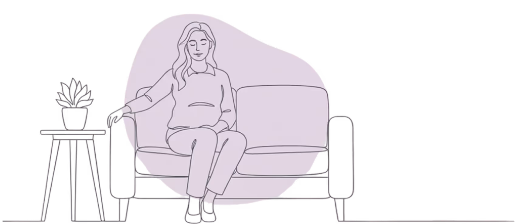 Illustration of a relaxed woman sitting on a sofa next to a plant, representing comfort and recovery.