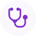 Purple stethoscope icon representing GMC doctor-led healthcare and professional medical guidance.