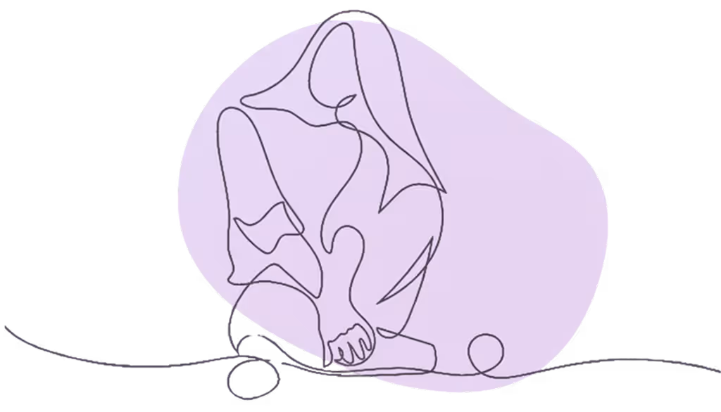 Minimalist one-line illustration of a woman sitting in a relaxed pose on a light purple background, symbolizing calm and compassionate care.