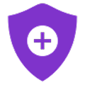 Purple shield icon with a black circle and white medical cross in the center.