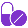 Purple icon showing a capsule and a round pill with a diagonal line.
