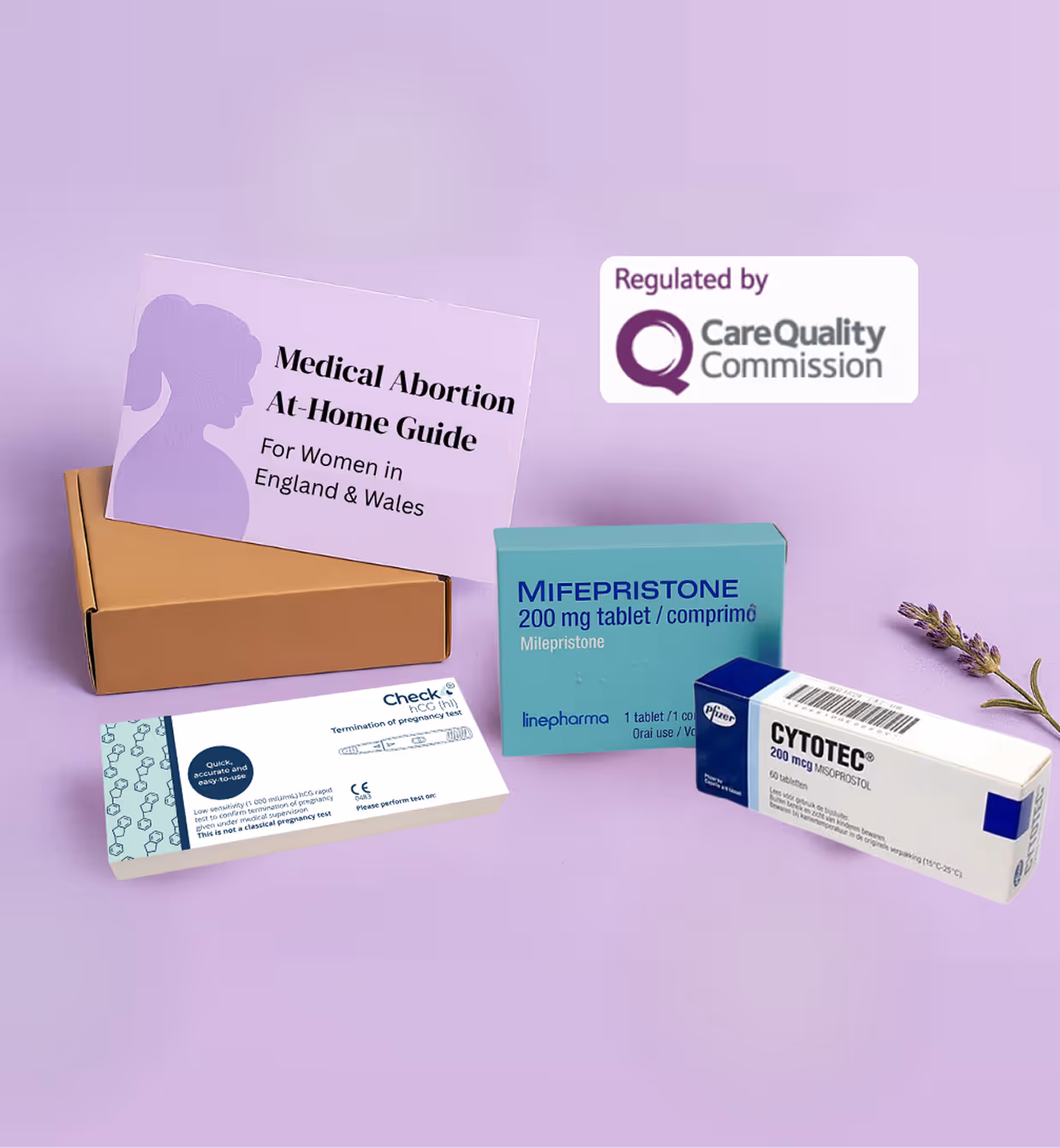 Medical abortion at-home kit with Mifepristone and Cytotec tablets, pregnancy test, and guide for women in England and Wales, regulated by the Care Quality Commission.