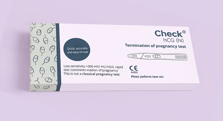 Low-sensitivity hCG pregnancy test kit for confirming abortion completion on a light purple background.