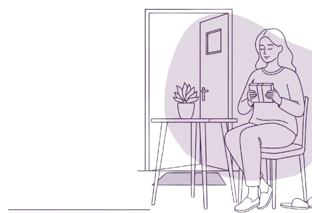 Illustration of a woman sitting on a chair near an open door, holding a small package and waiting for delivery tracking information.