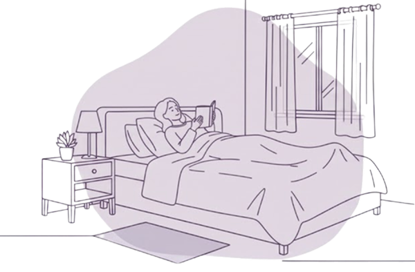 Illustration of a woman lying in bed using her phone in a cozy bedroom with a nightstand, lamp, and window.