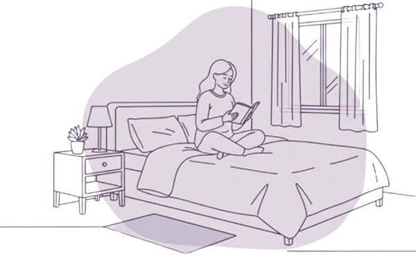 Illustration of a woman sitting cross-legged on a bed reading a book in a calm bedroom with a lamp and window.