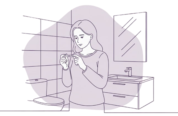 Illustration of a woman in a bathroom looking thoughtfully at a pregnancy test near a sink and mirror.