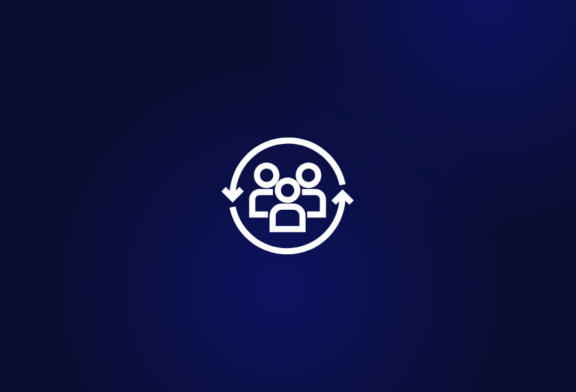 This image illustrates the customer concentration risk article. White icon of three stylized people inside a circular arrow on a dark blue gradient background, representing customer concentration or group connectivity.