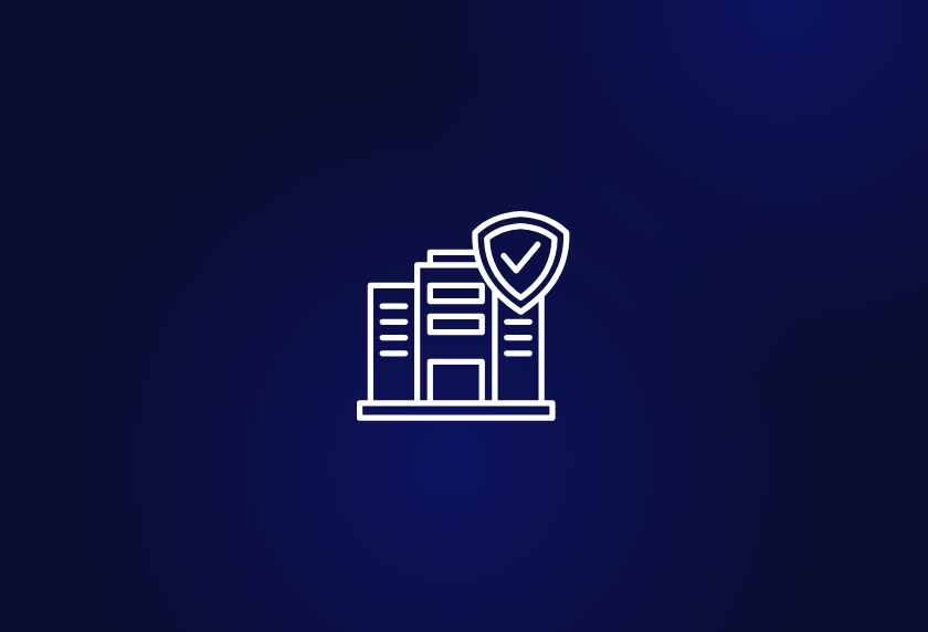 Minimalist illustration of a modern office building with a shield and checkmark symbol, representing trust and security in boutique M&A advisory firms for SaaS companies, on a dark blue gradient background.