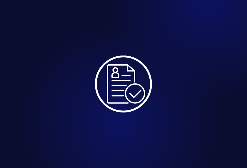 White icon of a document with a user profile and checkmark inside a circle, centered on a dark blue gradient background. Illustrates the article: H-1B Visa Program Changes: Impact on SaaS & Tech Hiring
