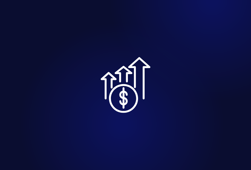 Outline of a dollar sign and upward arrows symbolizing company growth and rising valuation on a dark blue background. It illustrates the article: Financial vs strategic buyers: choosing the right fit for your SaaS