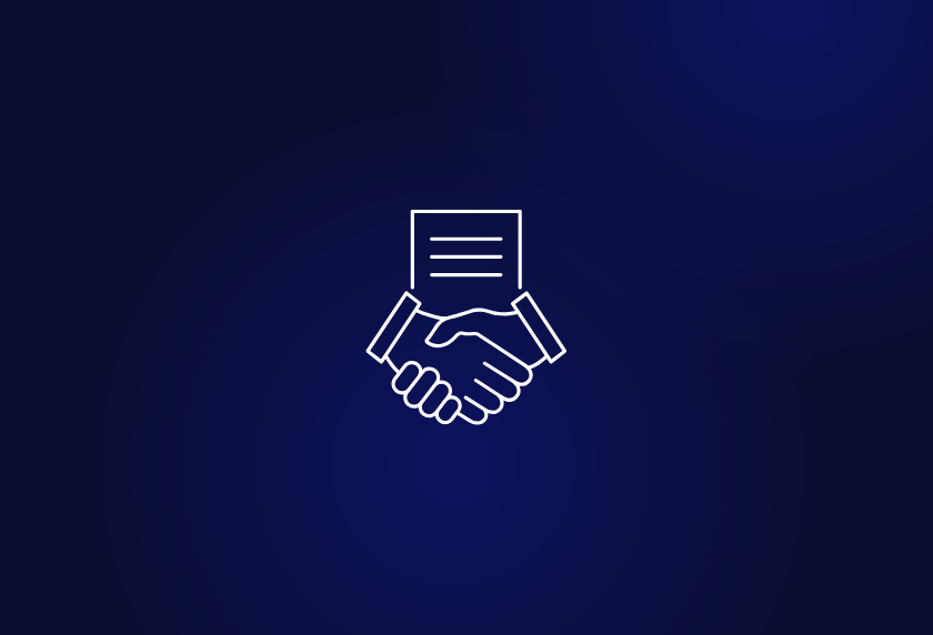 Outline of a handshake and contract symbolizing an M&A deal agreement on a dark blue background. It illustrates the article: M&A Deal Structure