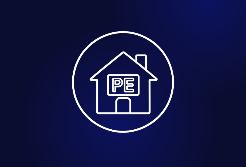 Icon of a tech business finding a new home in private equity, shown as a white outline house with a “PE” sign.