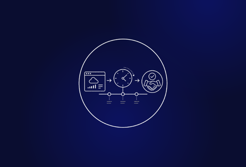 White outline icon showing a SaaS company sale timeline, from software dashboard to clock-based process to completed deal handshake.