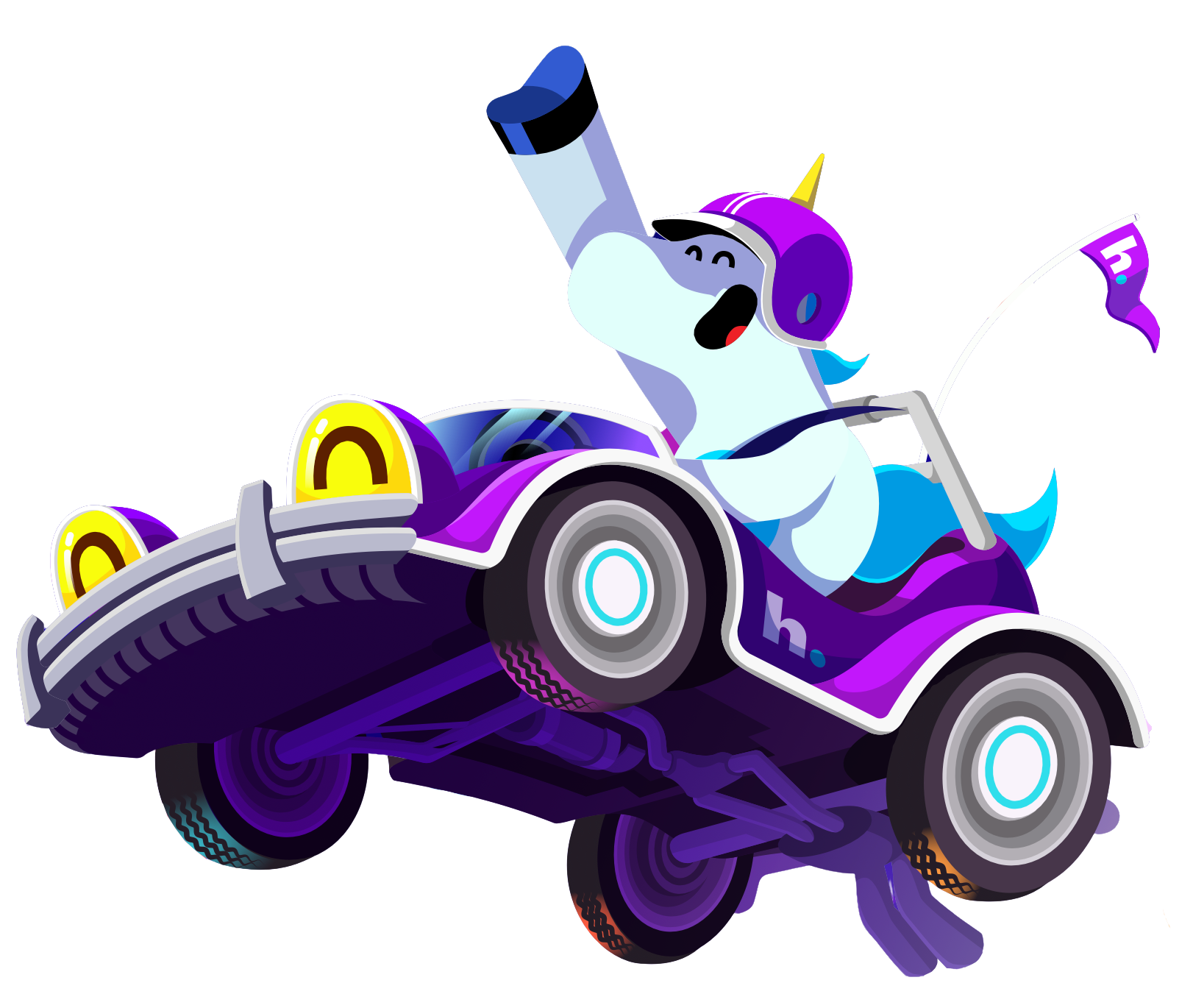 HLTH 2026 mascot driving a purple race car