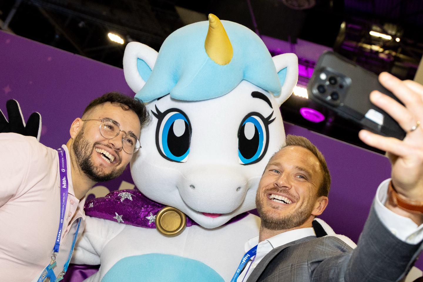 The Medfluencers team with the HLTH mascot at HLTH USA 2025