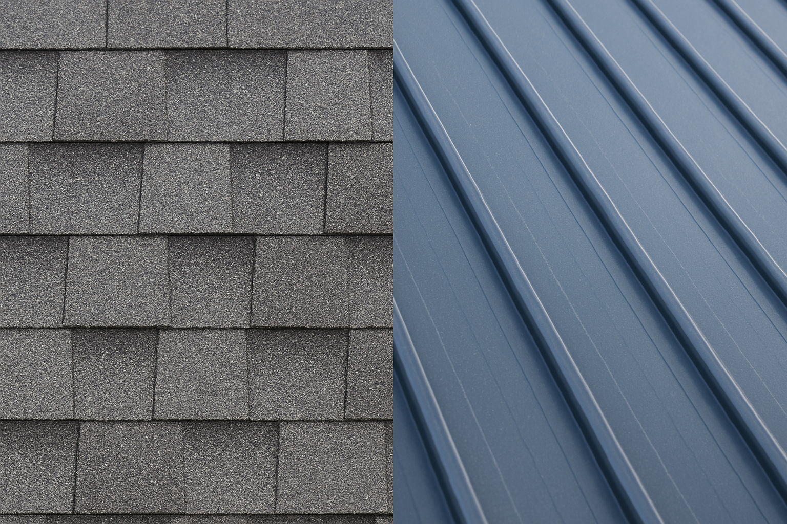 A gray shingle roof is on the left, while a blue metal roof with ridges is on the right.
