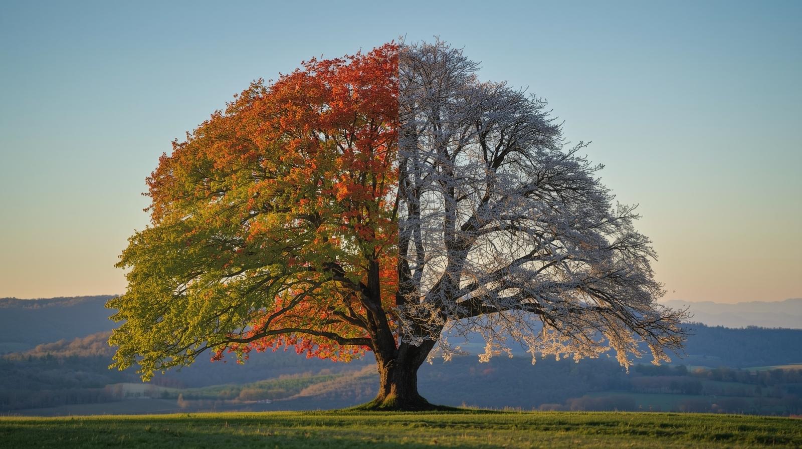 A split tree displays vibrant autumn leaves on one side and frosted branches on the other, showcasing seasonal contrast.
