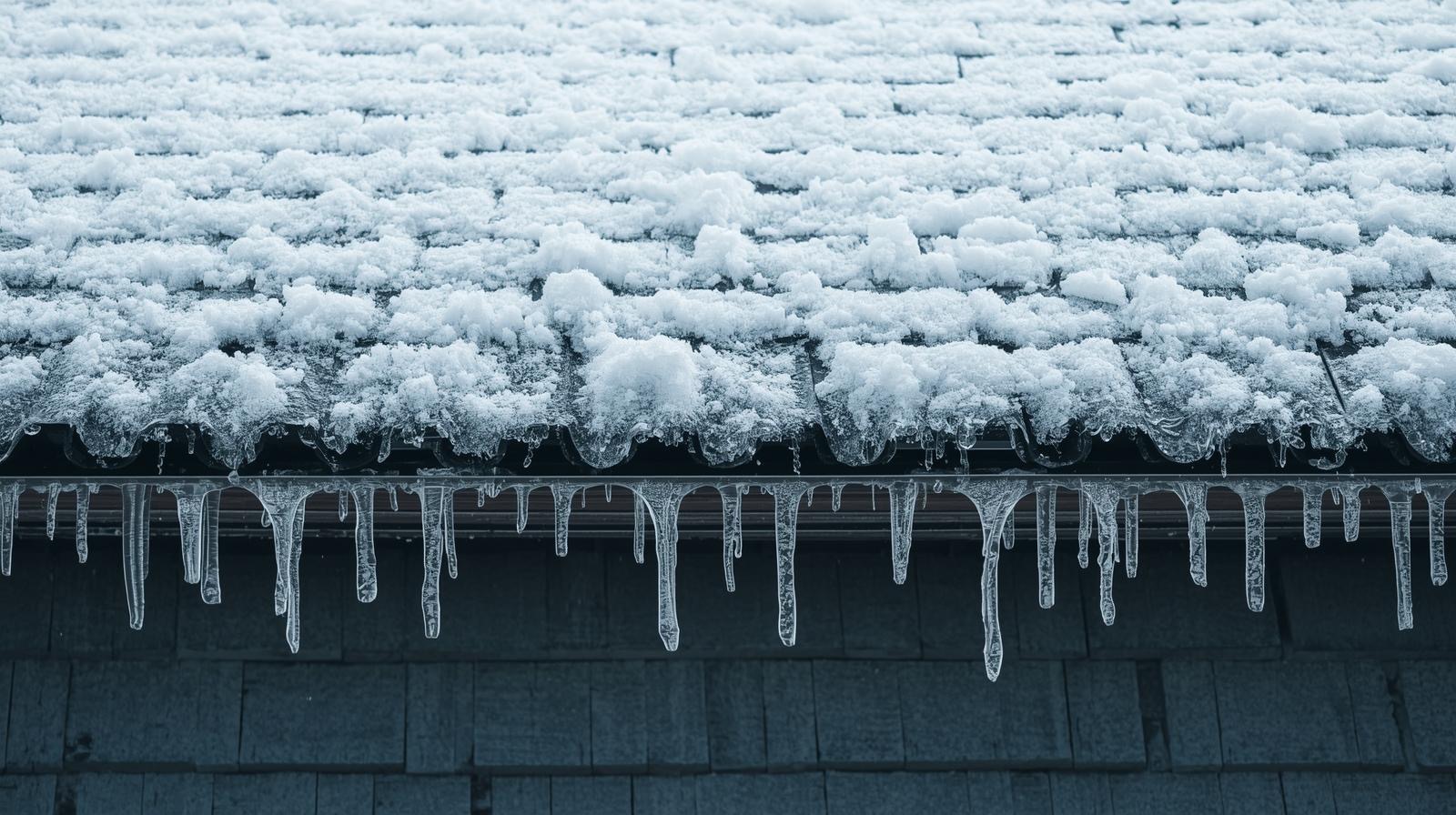 Snow-covered roof with icicles hanging from the edge.