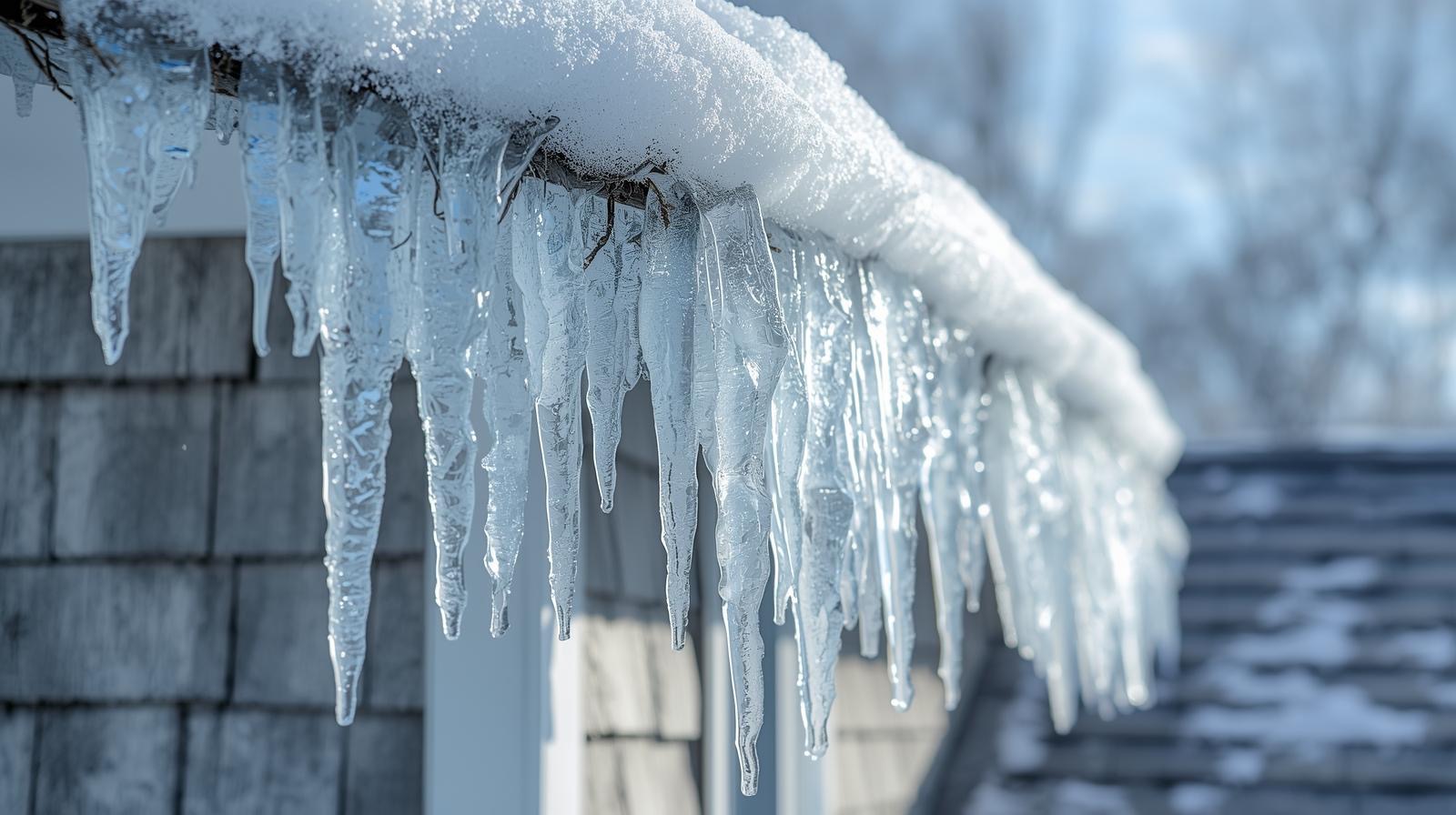 Icicles hang from the edge of a roof, glistening in the sunlight with a snowy background.