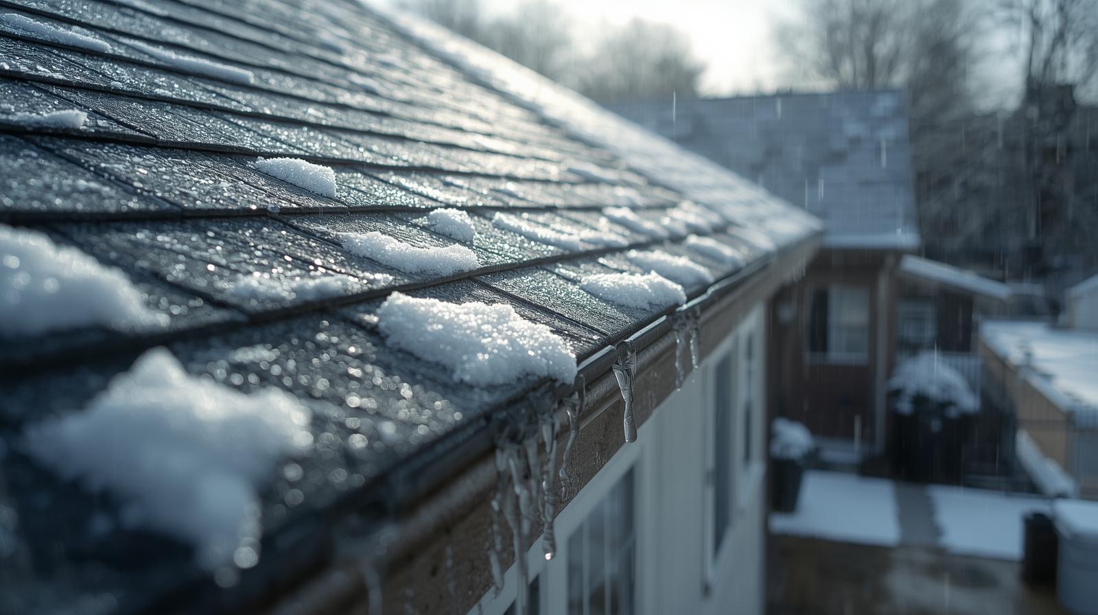 Icicles hang from a snow-covered roof, with melting snow and droplets glistening in the sunlight.