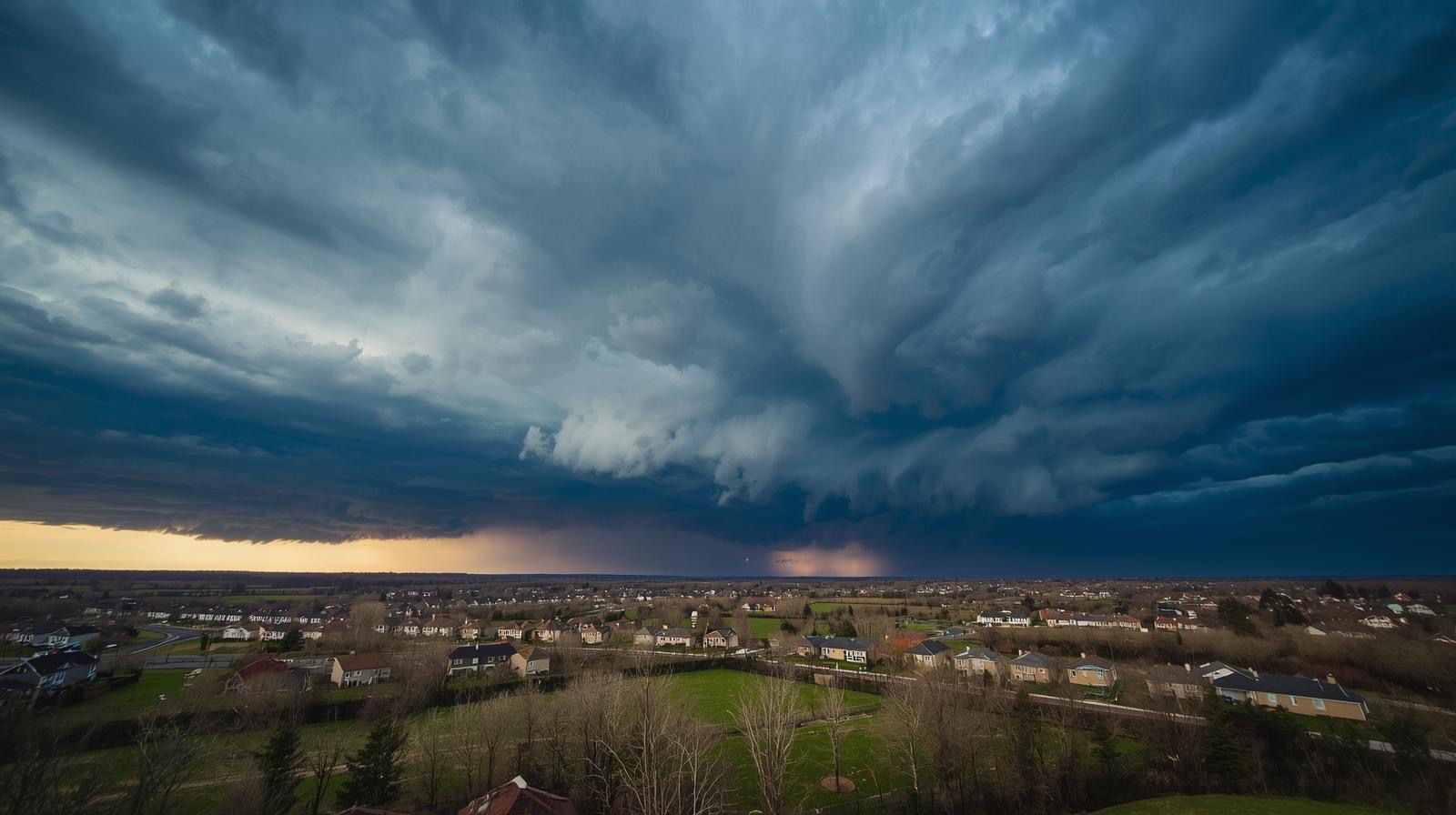 Dark storm clouds loom over a suburban landscape with scattered houses and open fields below.