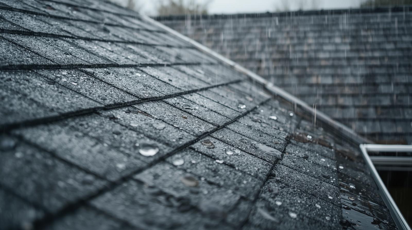 Rainwater collects on dark shingles as droplets fall from above.