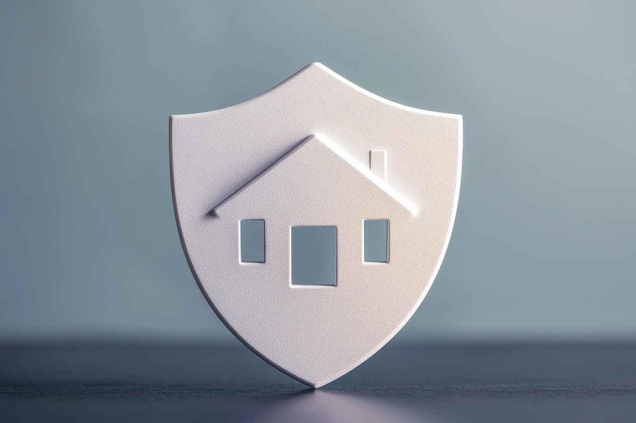 Home warranty emblem of a white shield with a home's front exterior engraved onto it.