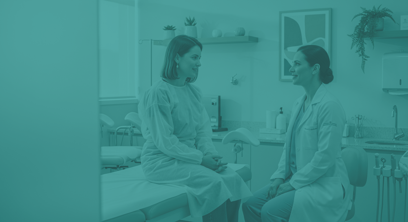 Mulher em um consulta médica com uma ginecologista.