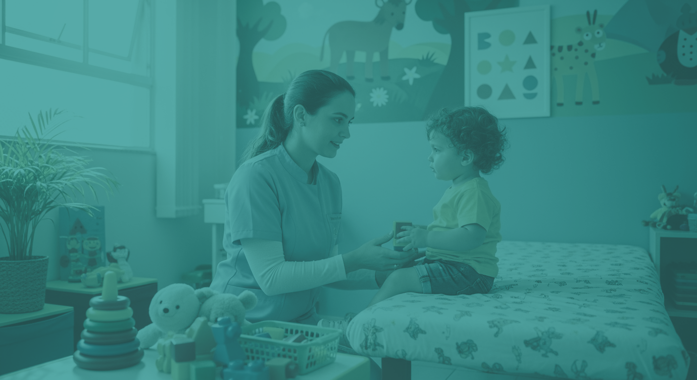 Crianca em uma consulta médica com uma pediatra.