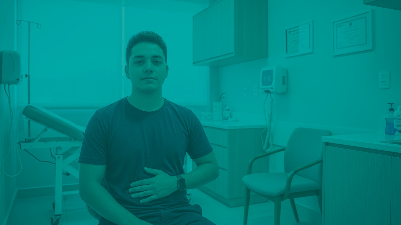 Homem em uma consulta médica com um gastroenterologista.