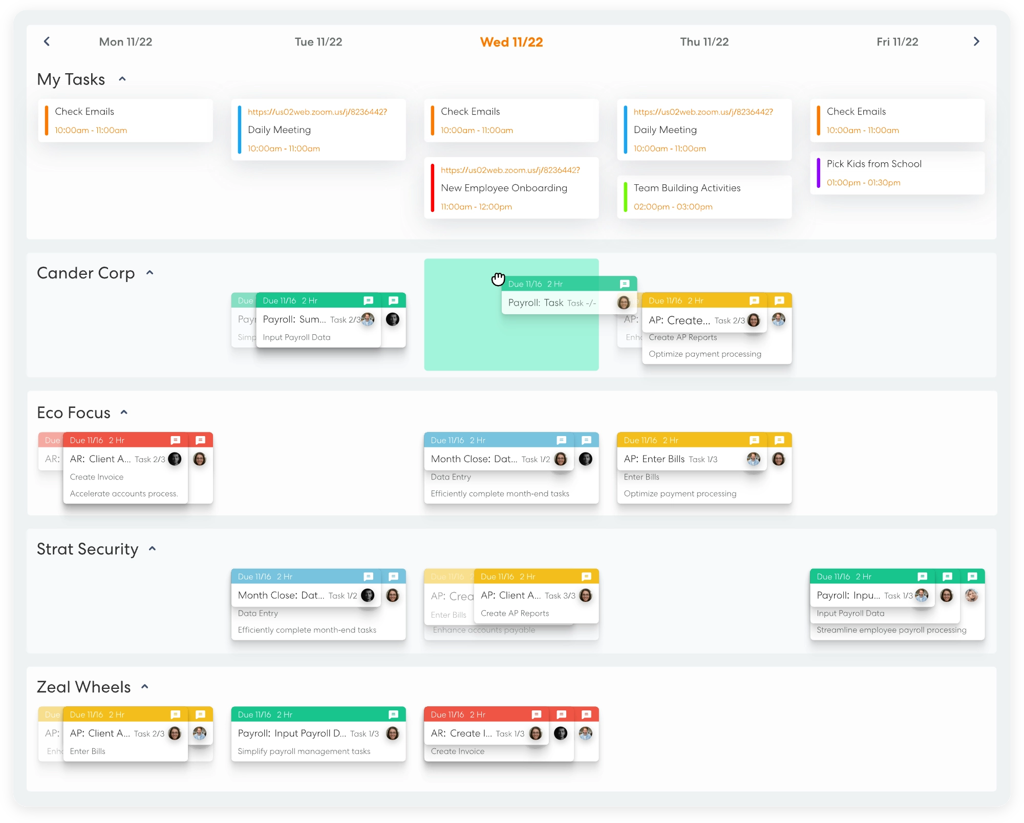 Levvy weekly workspace with each client's work laid out by day