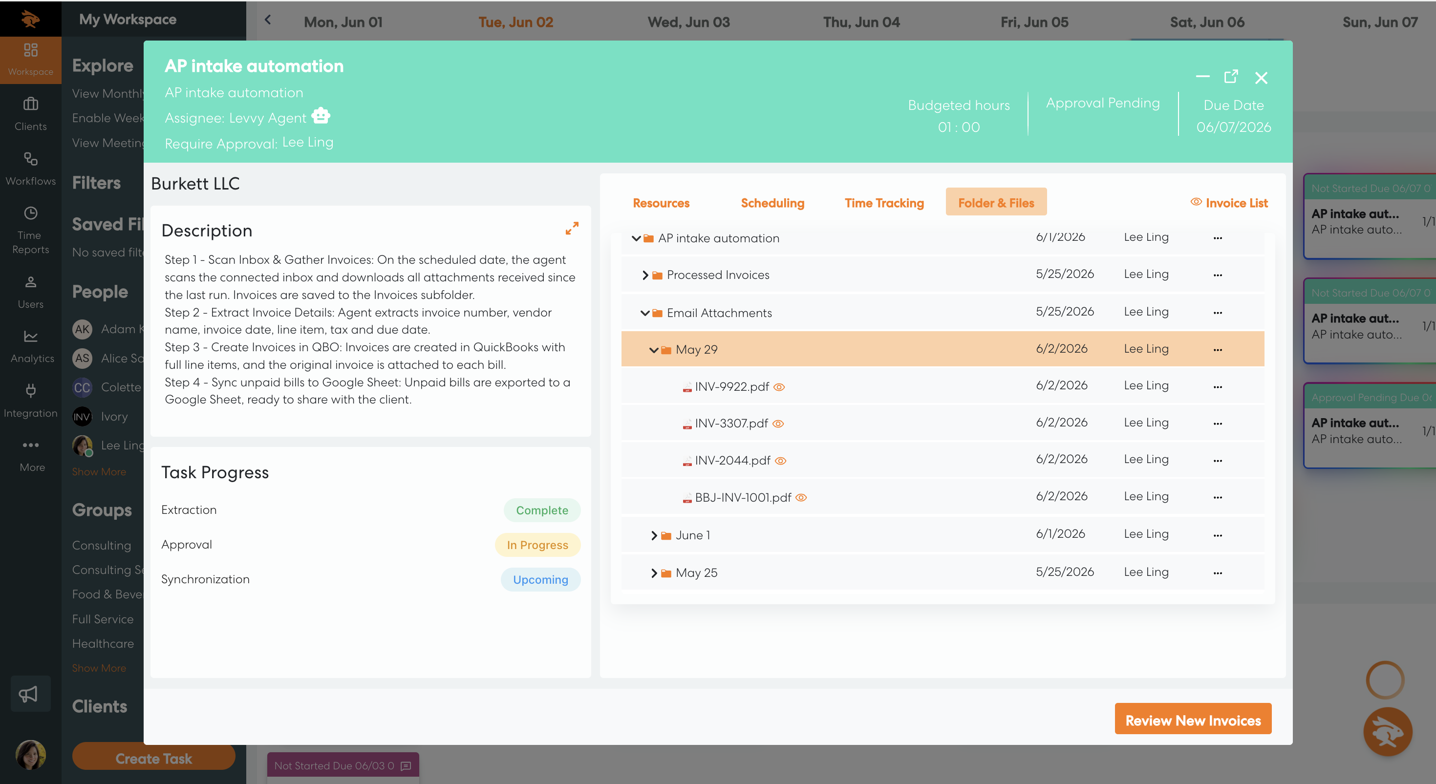 Levvy weekly workspace with each client's work laid out by day