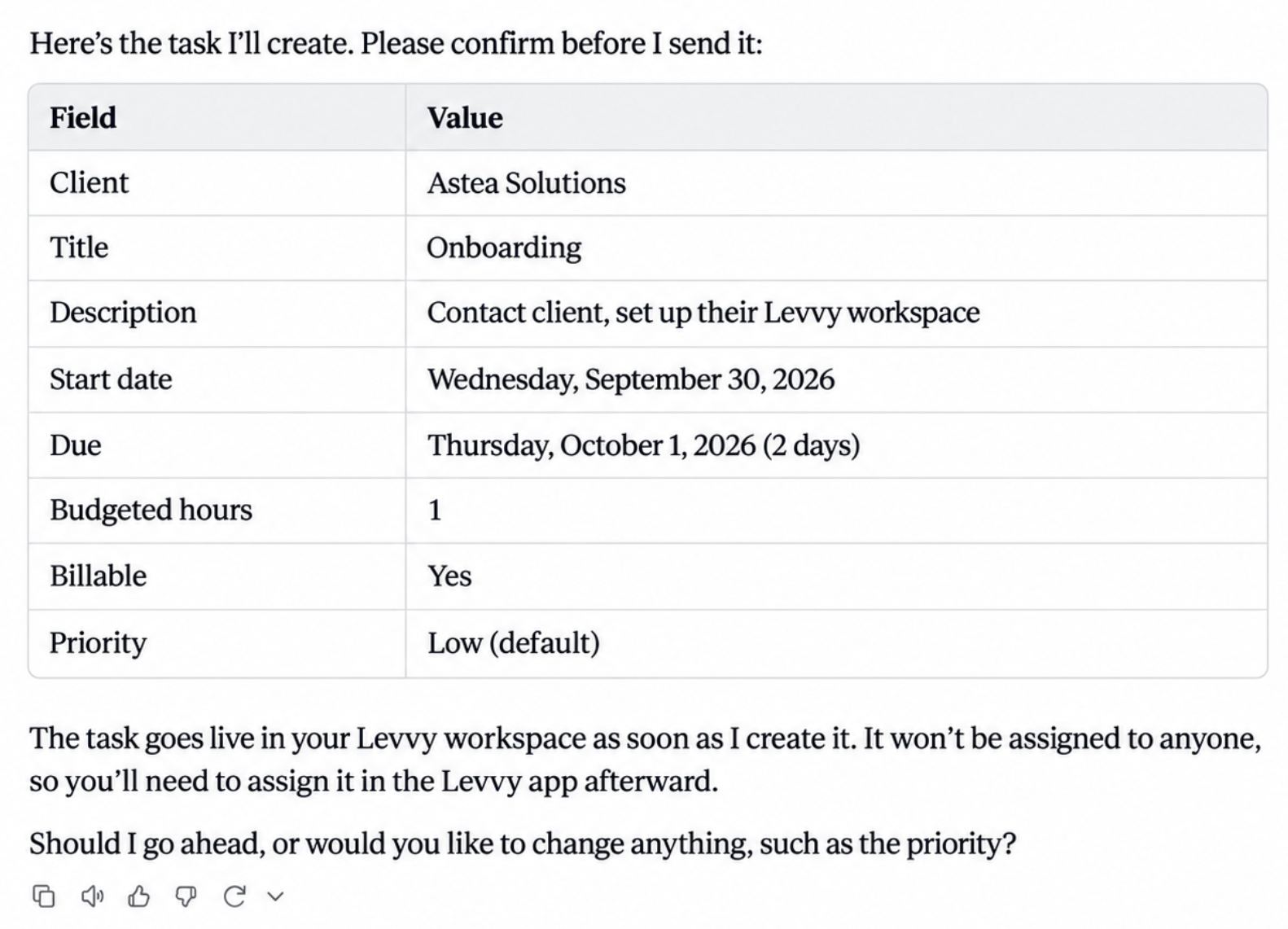 Claude using the Levvy MCP server to turn an onboarding checklist into a Levvy workflow