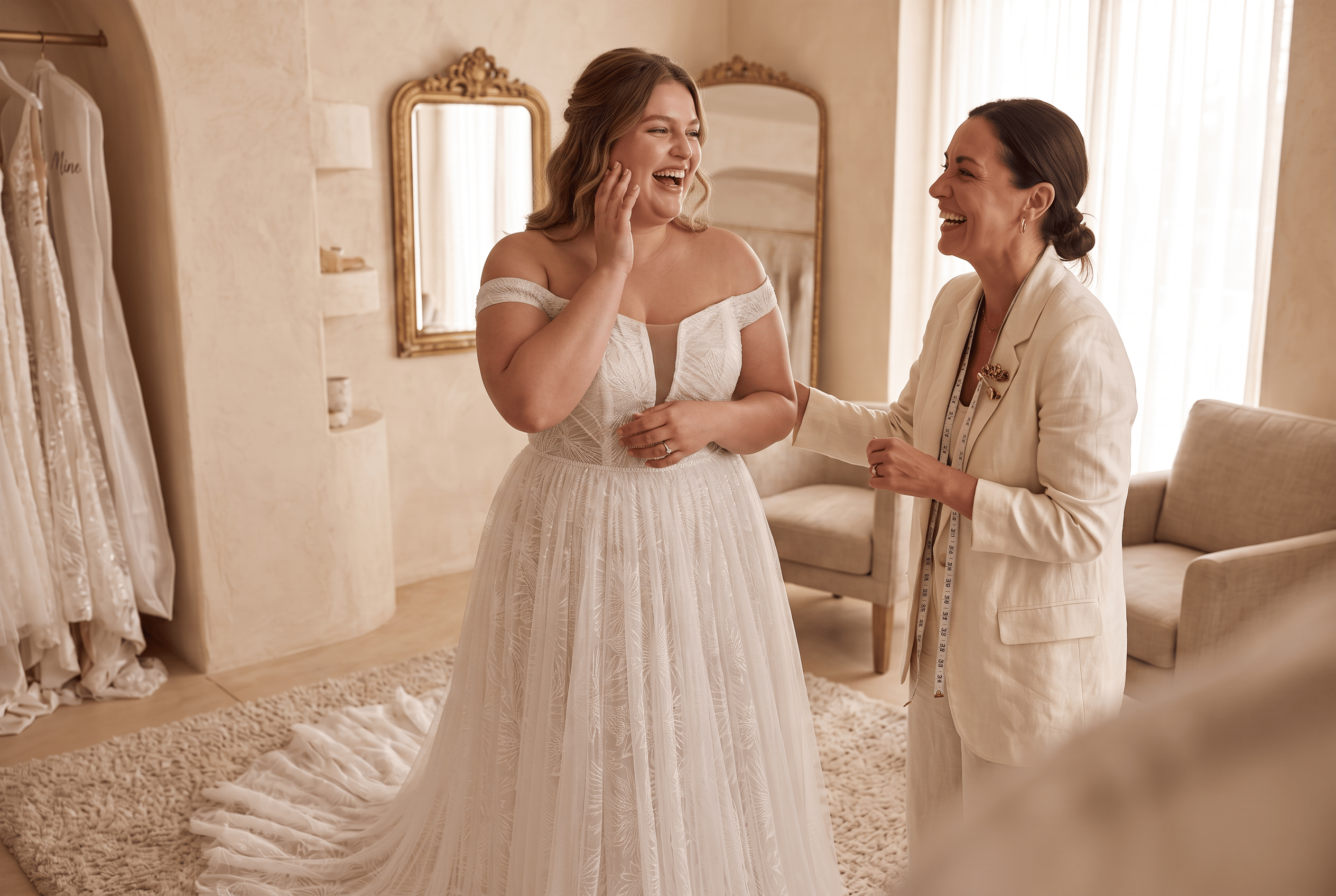 Happy bride in a wedding dress during a fitting with a smiling tailor in a bright room.