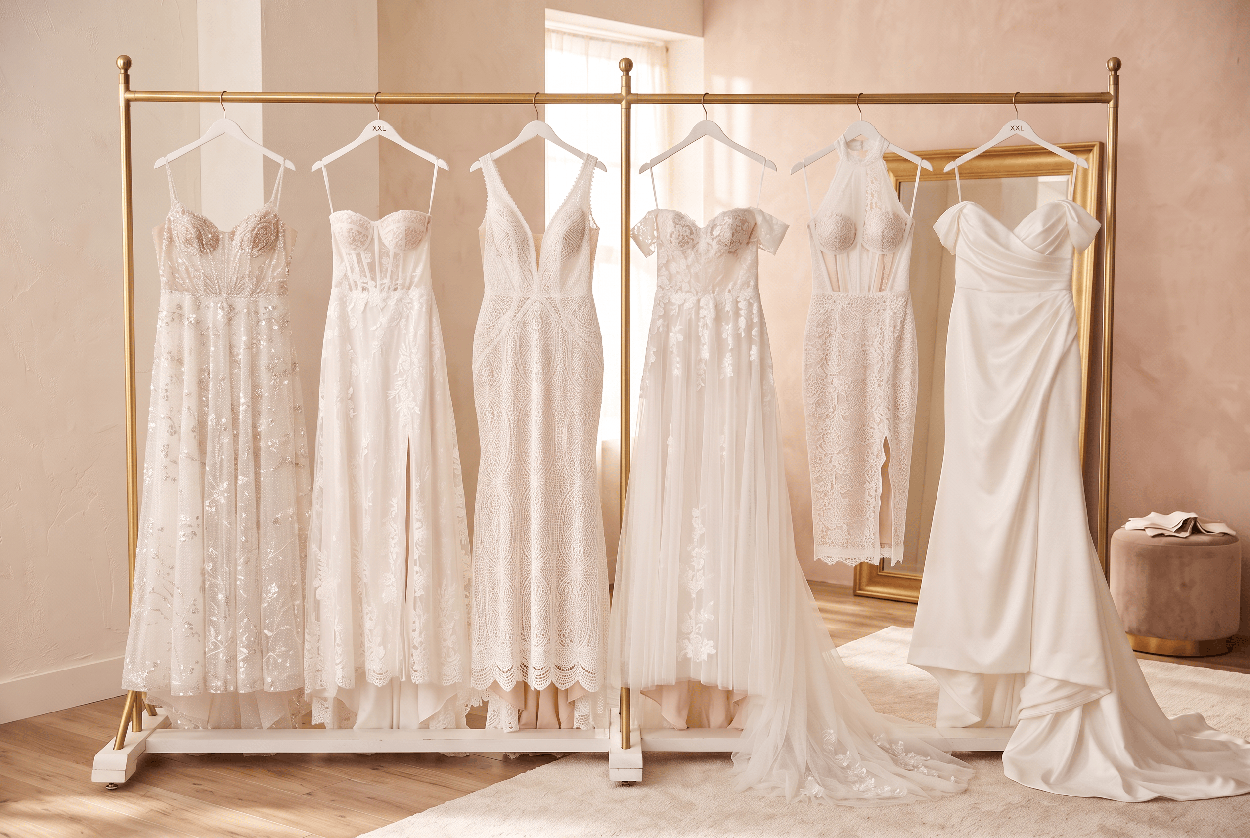 Six elegant white wedding dresses hanging on a gold rack in a softly lit bridal room.