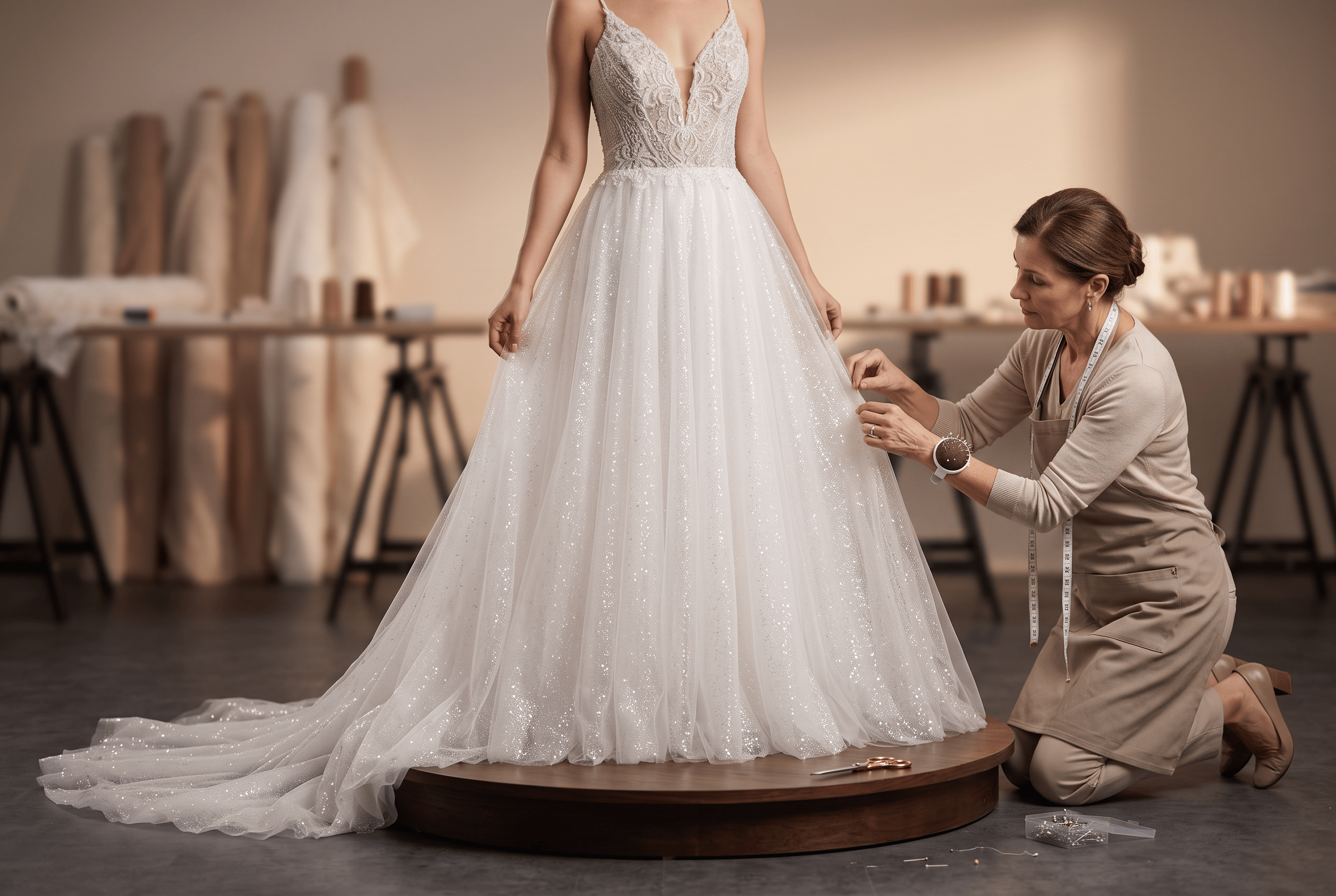 Seamstress kneels adjusting a sparkling white wedding dress on a model in a sewing studio.